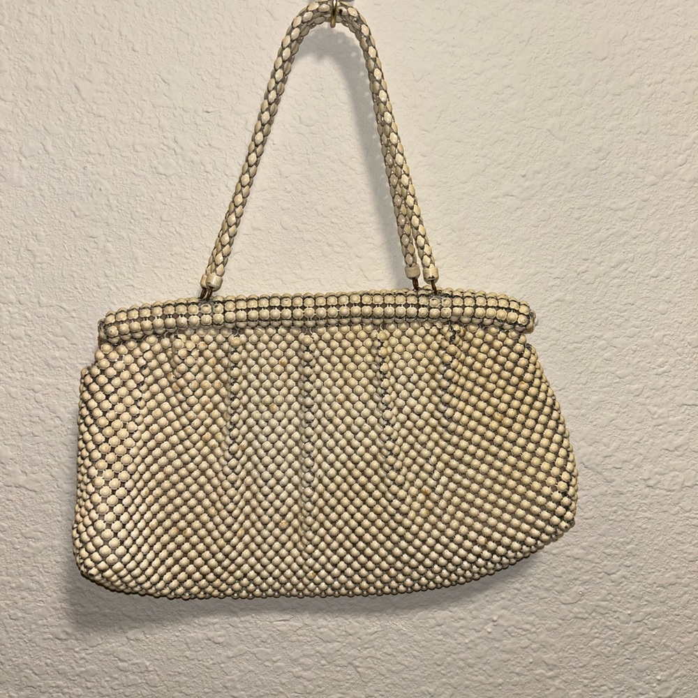 Vintage Whiting Davis Handbag Alumesh Ivory White Purse Metal Mesh Zip Art Deco